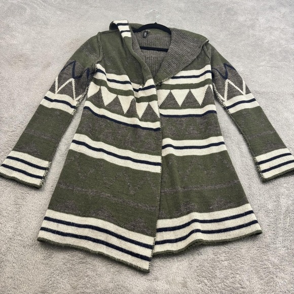 Elan Sweaters - Elan Cardigan Wool Blend Sweater Womens S Olive Green Hooded Aztec Boho Goblin